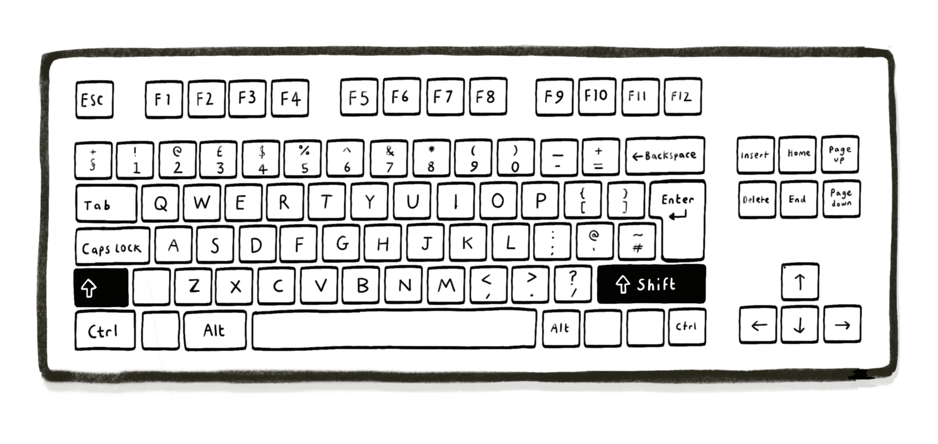 Black and white illustration of a Windows PC keyboard with the two shift keys highlighted to show their position.