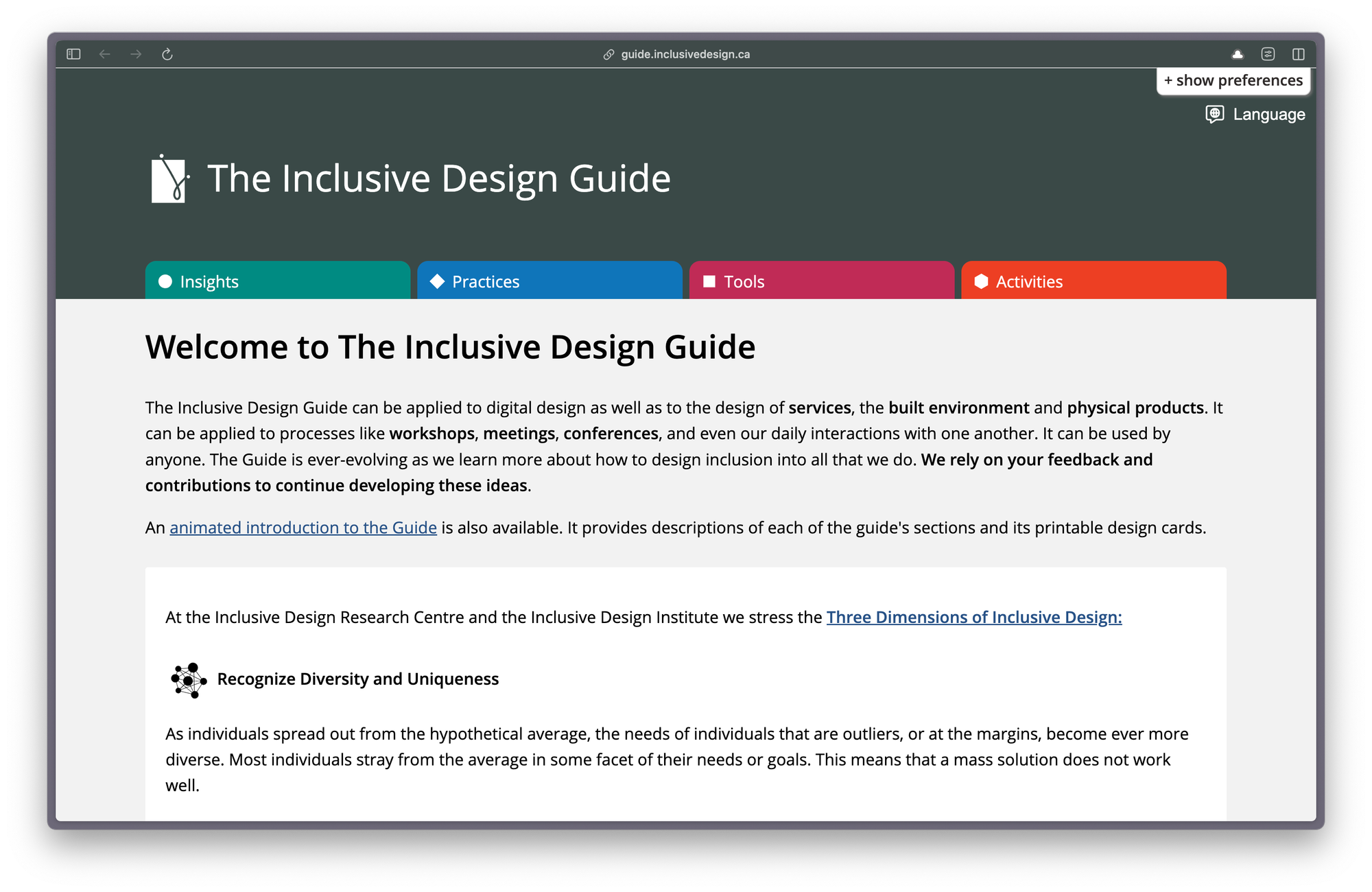 Screenshot of the landing page for The Inclusive Design Guide. There are four horizontal tabs as menu navigation: Insights, Practices, Tools, and Activities. Below them is an introductory paragraph that explains what the guide is about. 