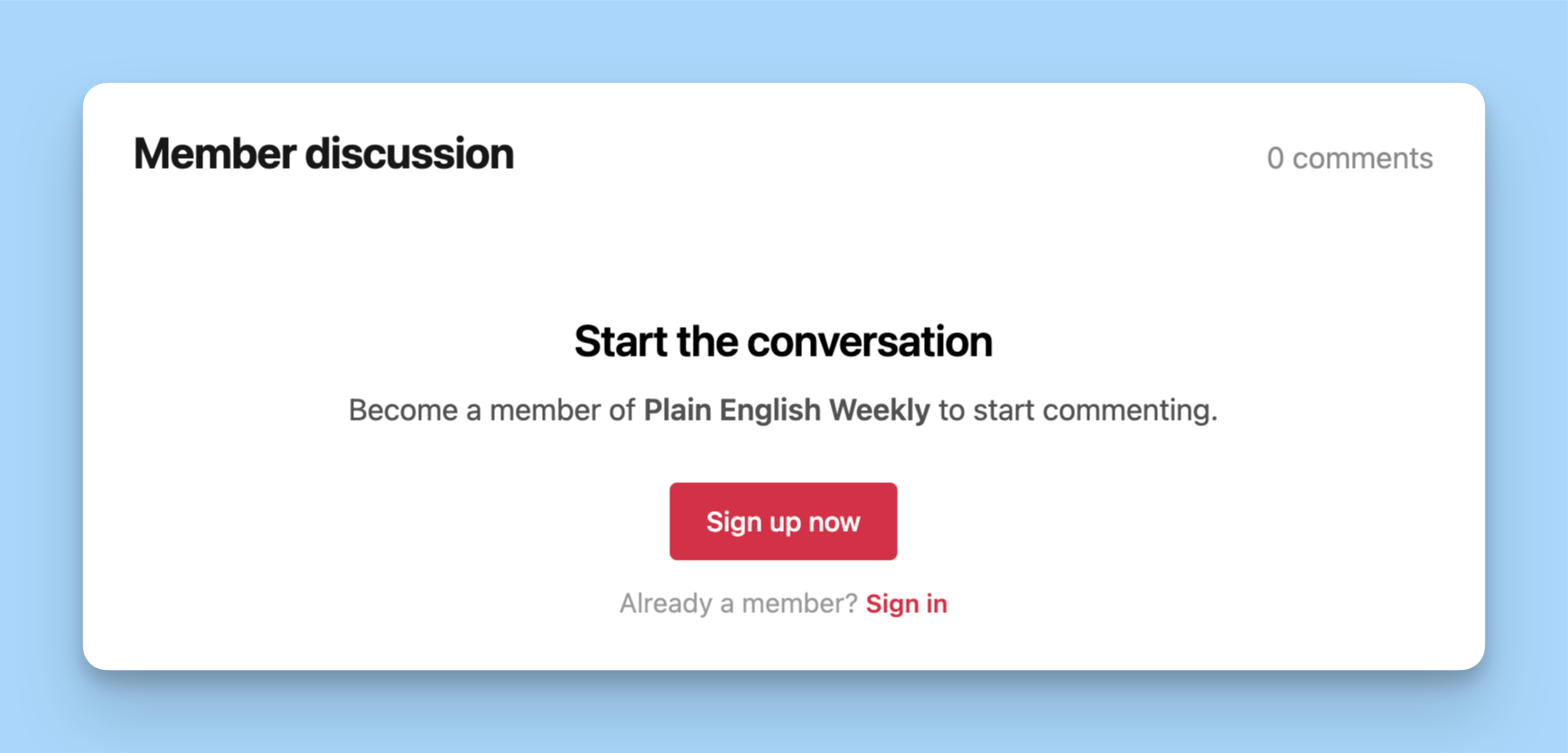 Screenshot of an empty comments section on Plain English Club website. Heading text says 'Member discussion' with a smaller invite to 'Start the conversation' and sign up or in to leave a comment.